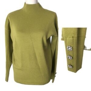 Tahari Cowl Neck Olive Green Statement Button Shabby Chic Sweater